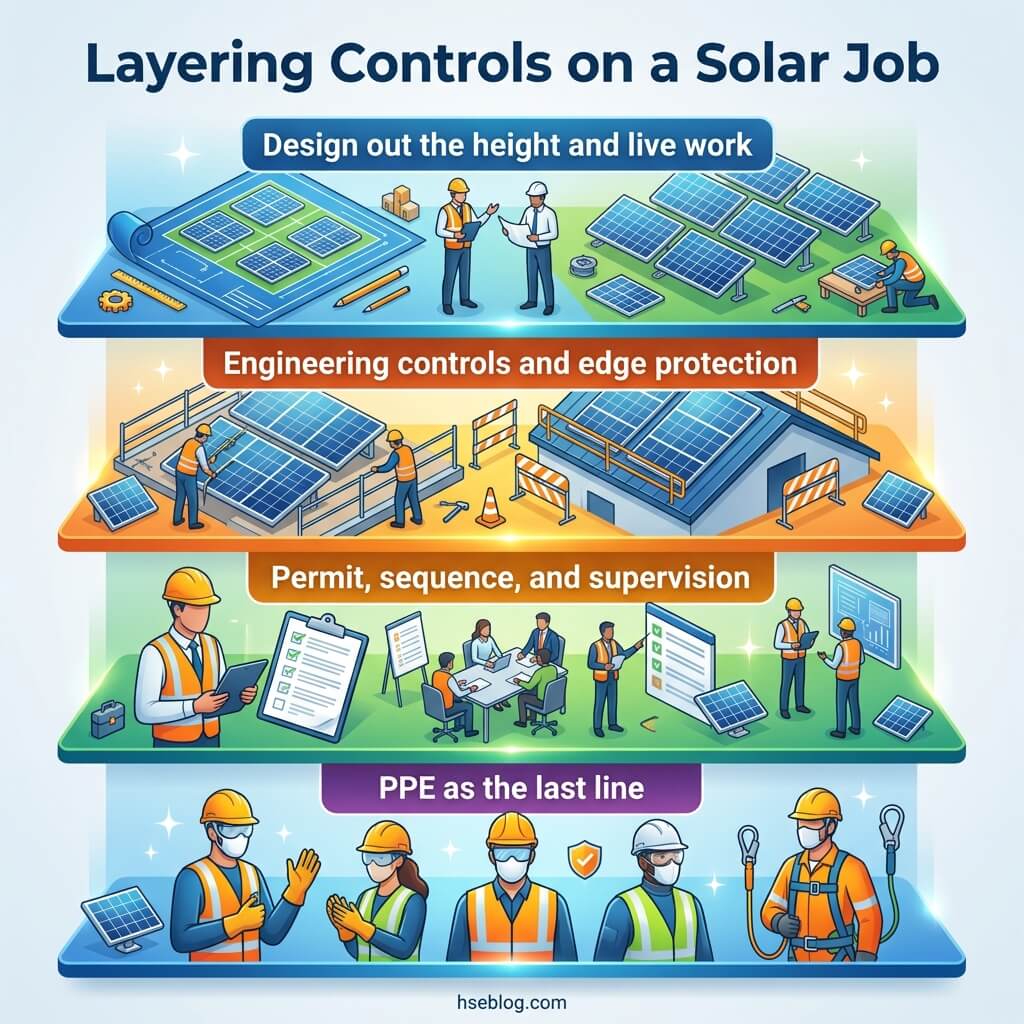 Infographic showing four hierarchical layers of safety controls for solar installation jobs, from design planning and engineering safeguards to permits and supervision, with personal protective equipment as the final safety measure.