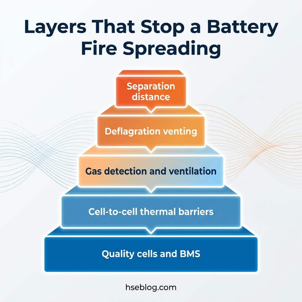 Pyramid diagram showing five layers that prevent battery fires: quality cells and BMS at the base, followed by cell-to-cell thermal barriers, gas detection and ventilation, deflagration venting, and separation distance at the top.