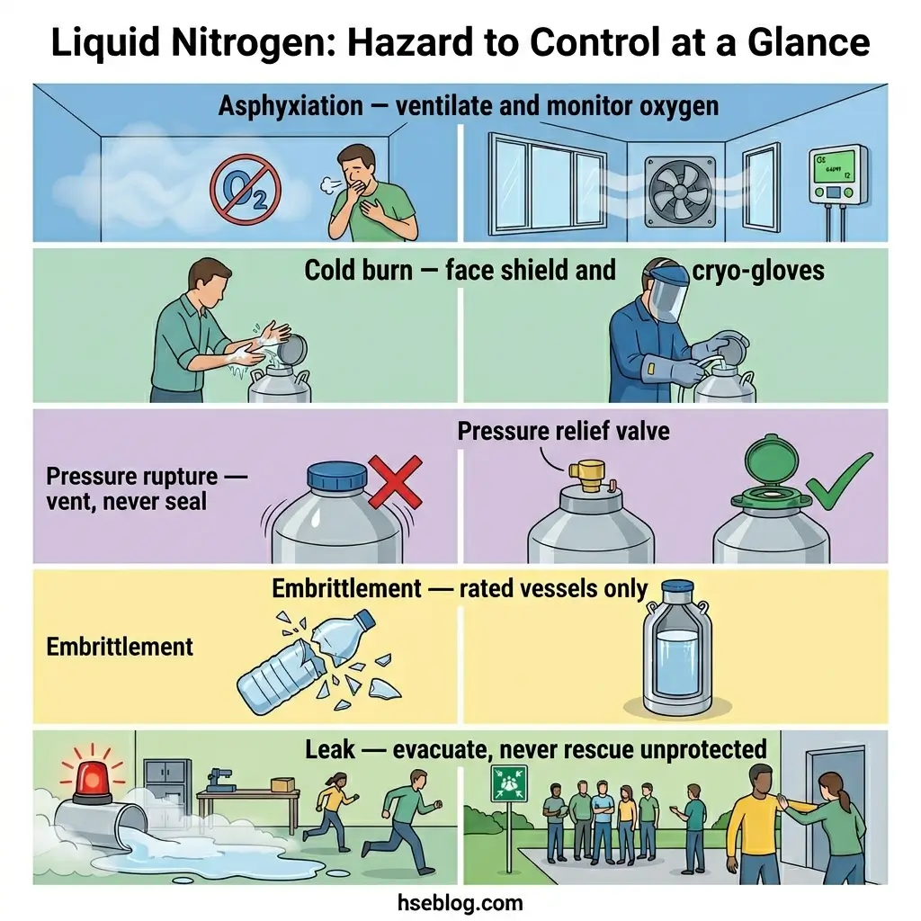 Infographic showing hazard control measures for liquid nitrogen safety, including ventilation for asphyxiation, protective equipment for cold burns, pressure relief valves, proper vessel storage, and evacuation procedures for leaks.