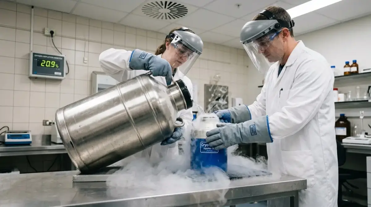 Two scientists in white coats and protective eyewear pour liquid nitrogen from a metal container into a blue cryo storage vessel, creating visible vapor in a laboratory setting.