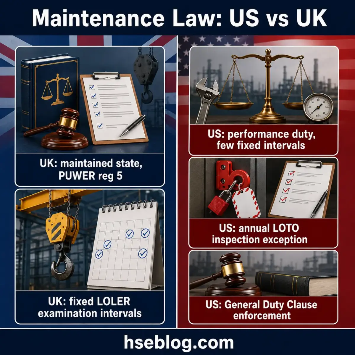 Comparison chart of maintenance law between US and UK, showing UK requirements for maintained state POWER regulation 5 and fixed LOLER examination intervals versus US performance duty and annual LOTO inspection exception with General Duty Clause enforcement.