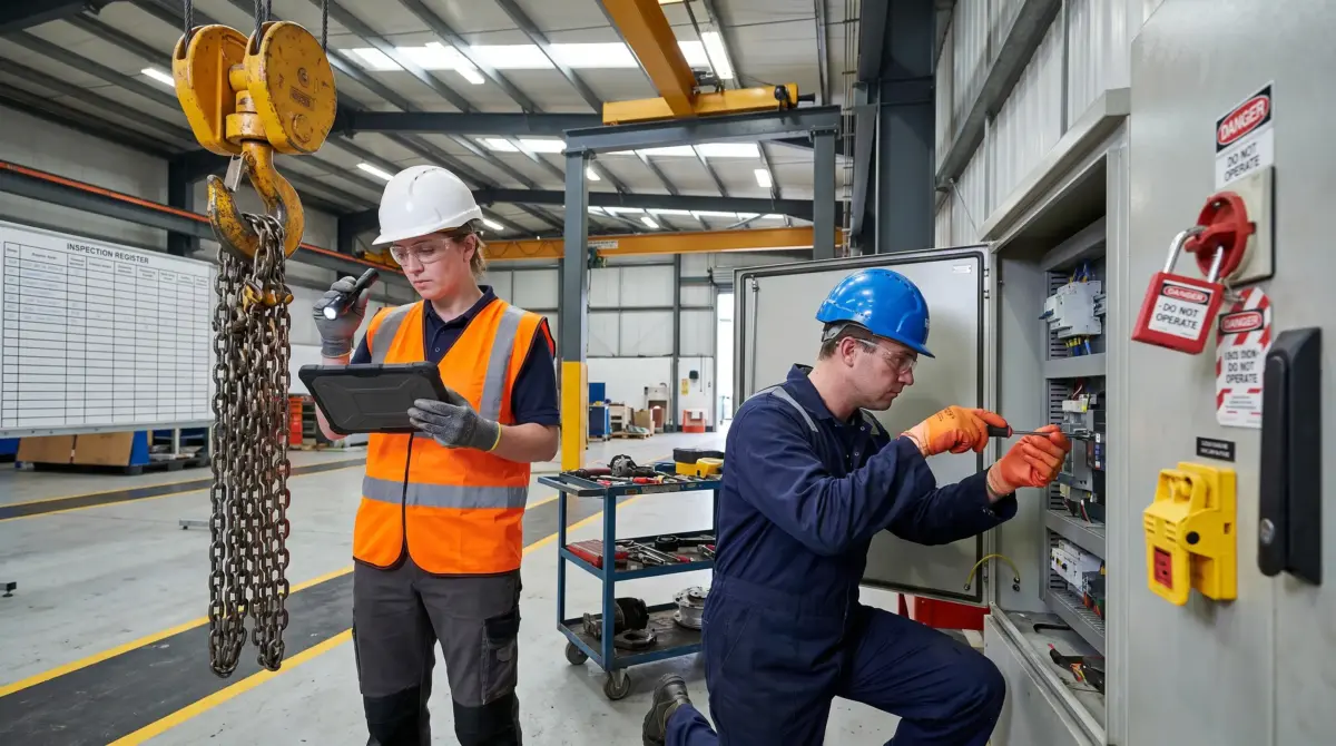 Two workers in safety gear inspect industrial equipment in a warehouse, with one holding a tablet near a chain hoist while the other examines an electrical panel.
