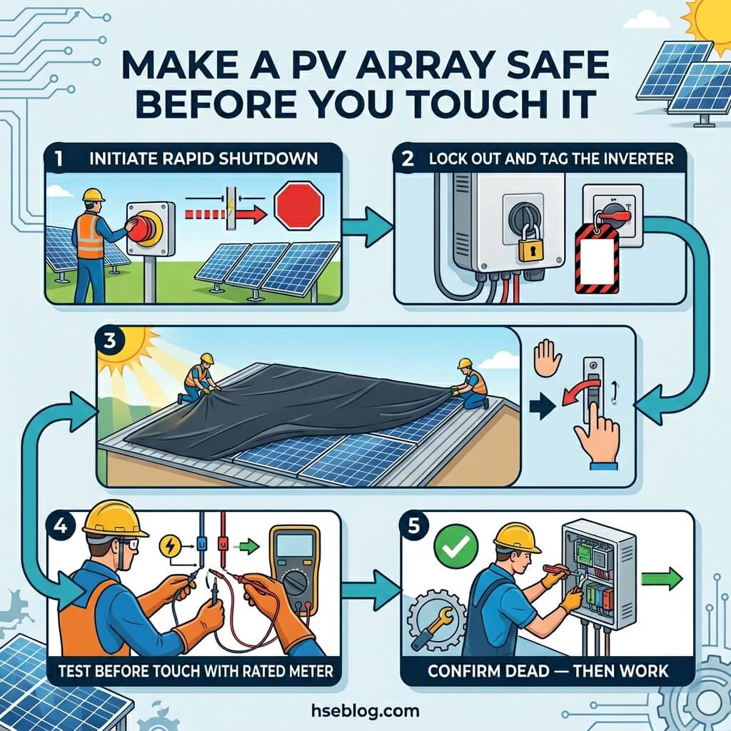 Step-by-step safety guide for working on solar PV arrays, showing rapid shutdown initiation, inverter lockout, panel covering, voltage testing with a meter, and confirmation of de-energization before maintenance work begins.