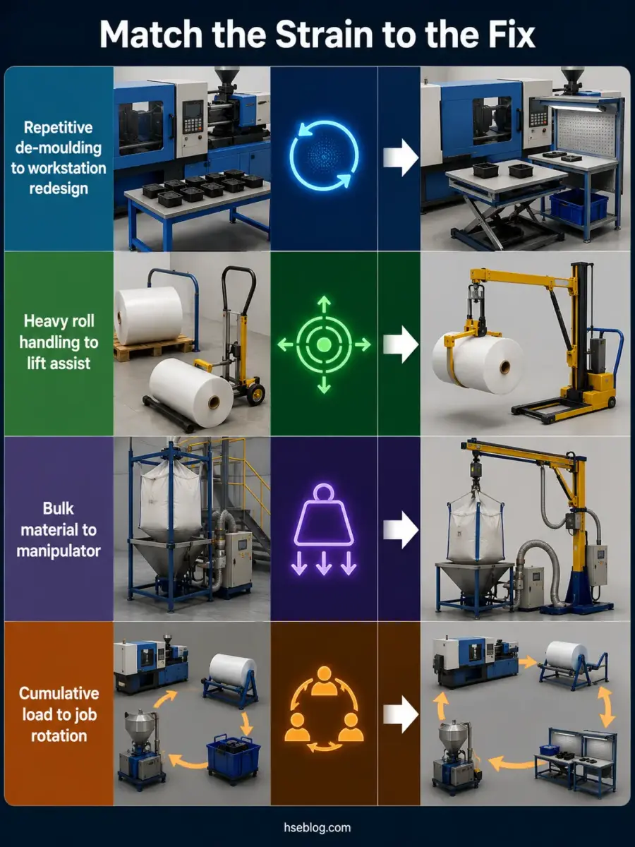 Infographic matching four manufacturing strain solutions to their fixes, showing injection molding workstation redesign, heavy roll lift assist equipment, bulk material manipulator system, and cumulative load job rotation workflow.
