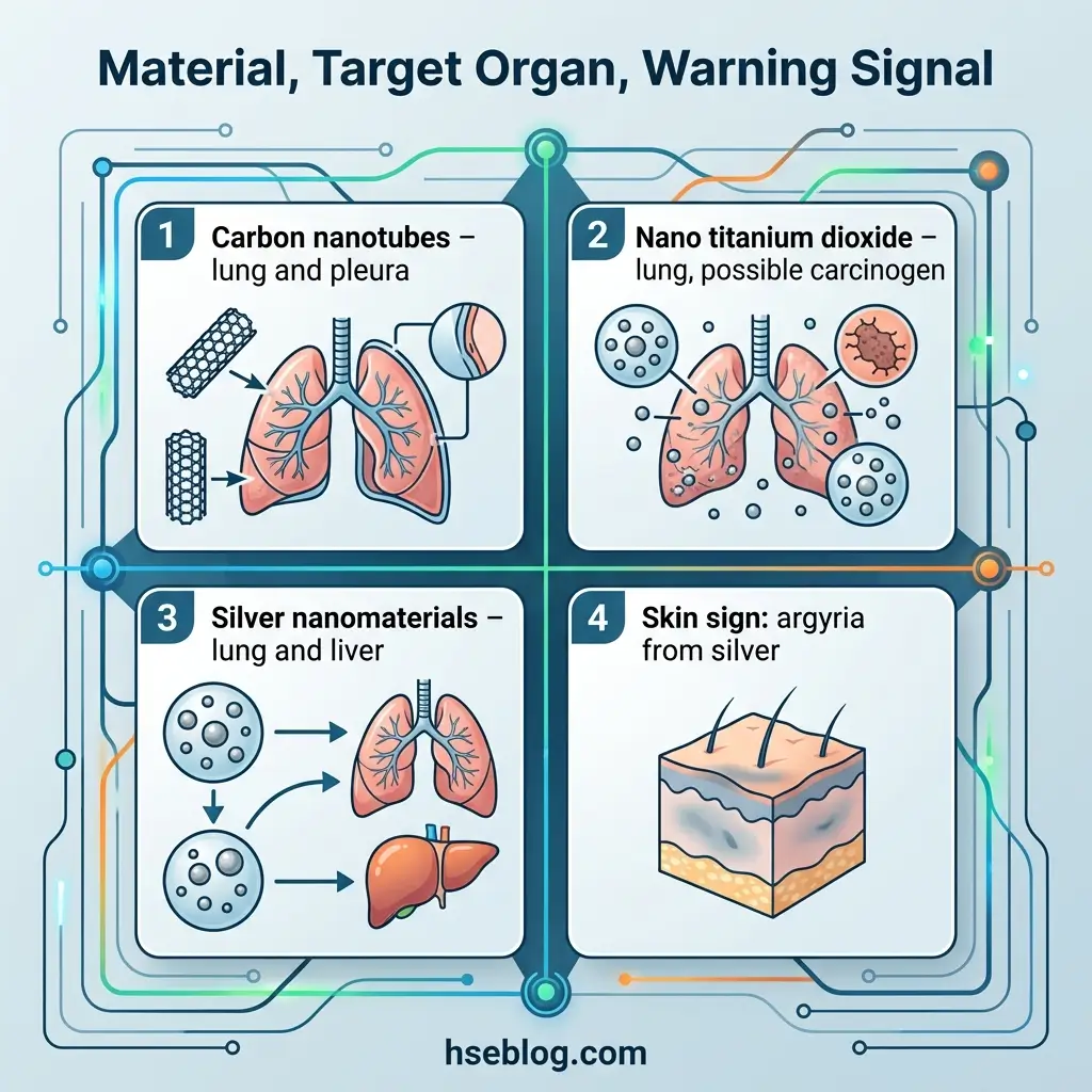 Infographic showing four nanomaterials with their target organs and warning signals: carbon nanotubes affecting lungs, titanium dioxide as possible carcinogen, silver nanomaterials in lungs and liver, and argyria skin discoloration from silver exposure.