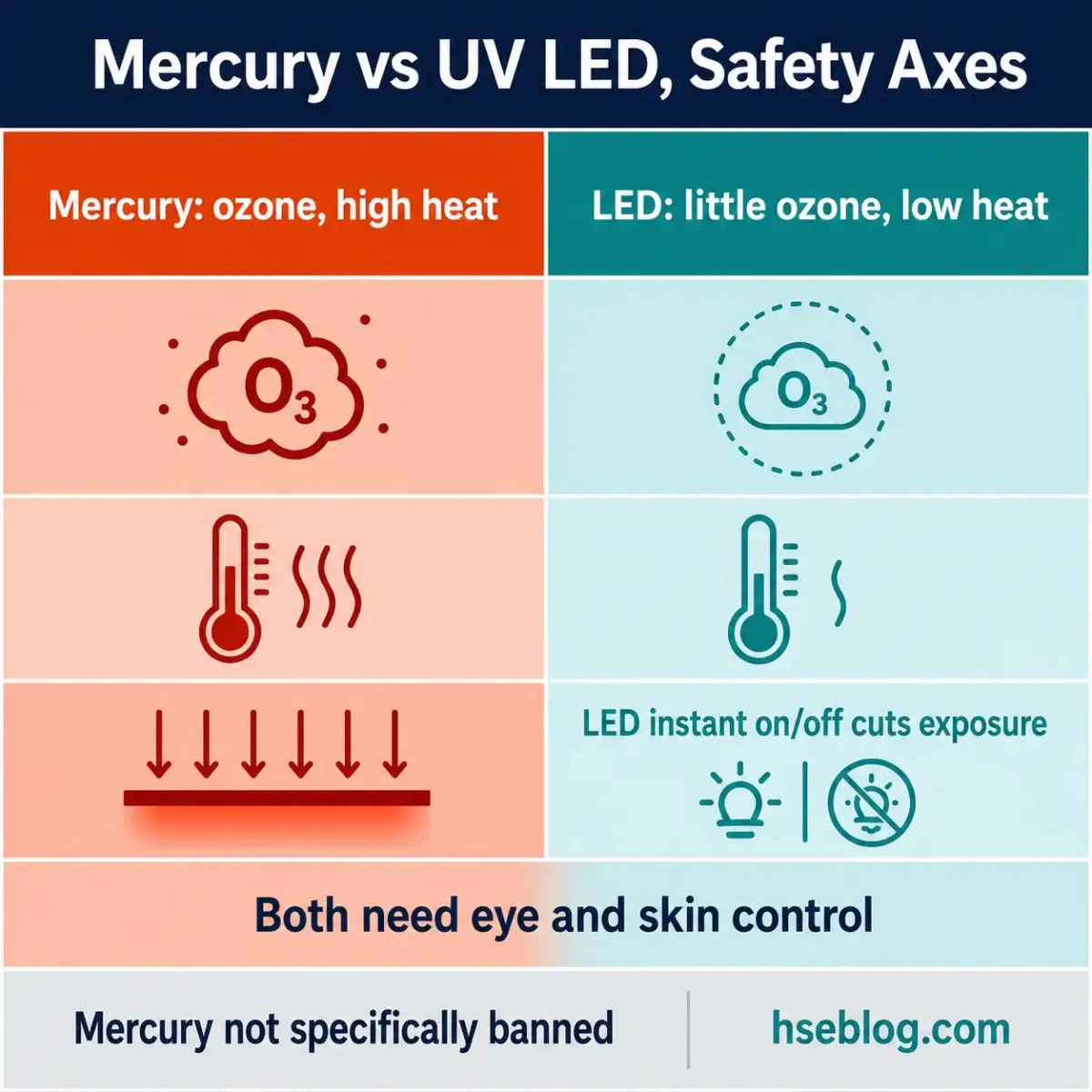Comparison chart showing Mercury lamps produce ozone and high heat versus UV LED producing little ozone and low heat, with safety considerations for both technologies.