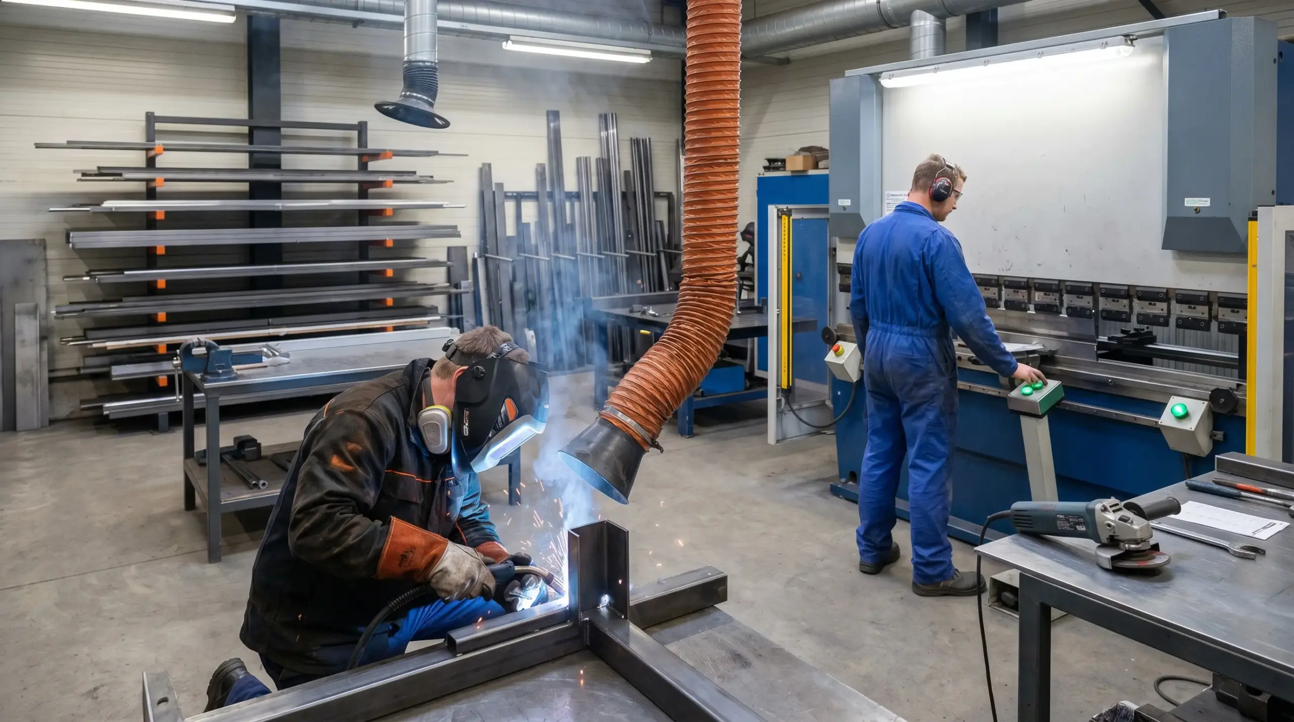 Industrial metalworking workshop with two workers in blue uniforms operating machinery; one welds metal components while another operates equipment, with organized metal sheets and fabrication tools visible throughout the facility.