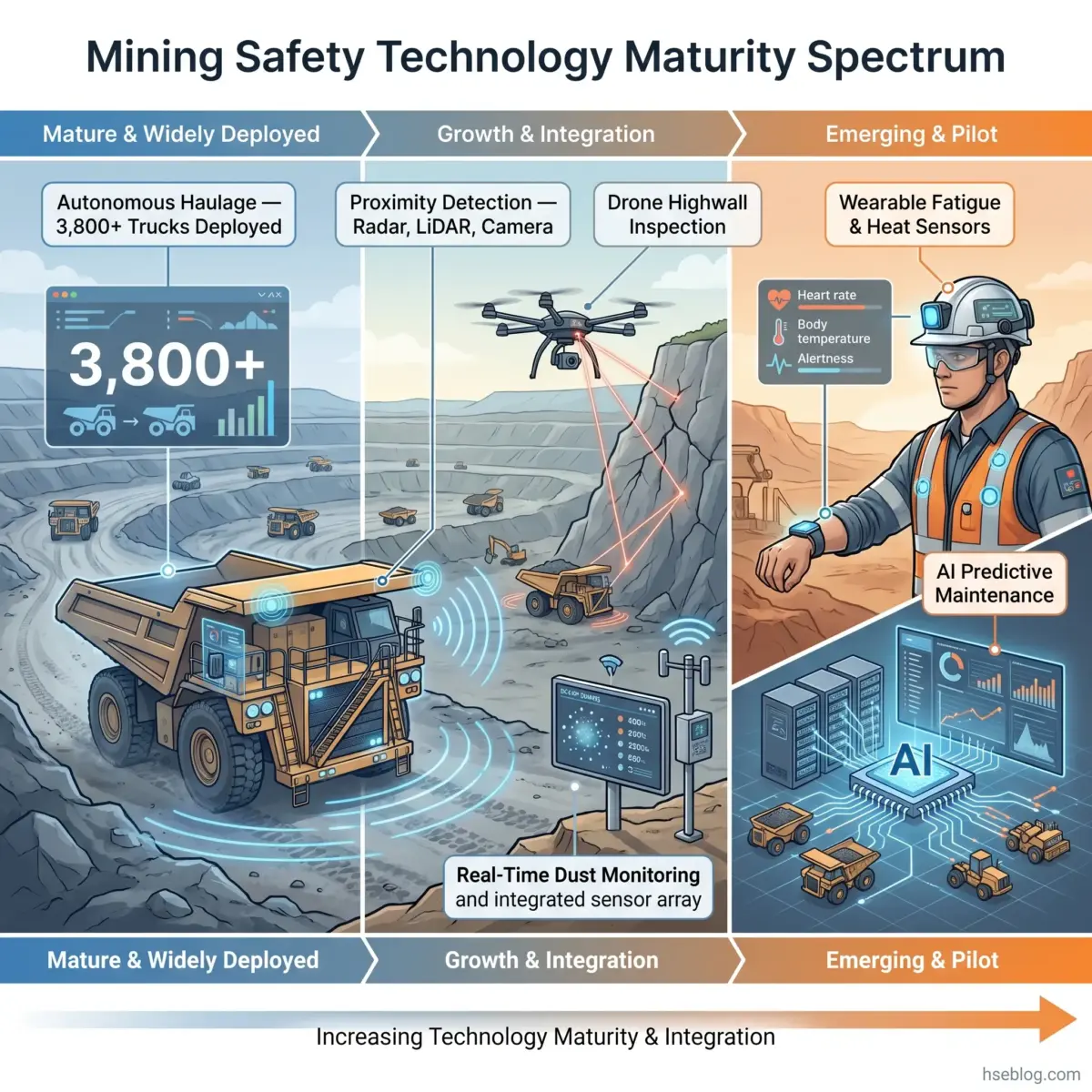 Mining safety technology maturity spectrum showing autonomous haul trucks, proximity detection systems, drone highway inspection, wearable sensors, and AI predictive maintenance across deployment stages from mature to emerging pilot technologies.