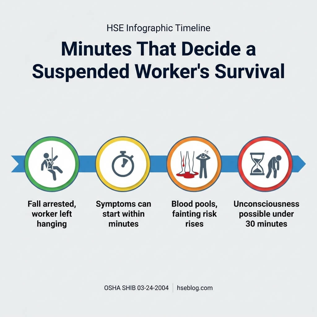 Timeline infographic showing four critical stages after a suspended worker incident: fall arrest, symptom onset within minutes, blood pooling and fainting risk, and unconsciousness within 30 minutes.