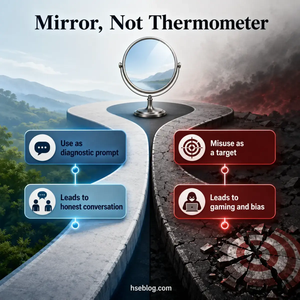 Infographic comparing proper and improper uses of mirrors as diagnostic tools, contrasting a serene landscape with a volcanic scene to show positive versus negative outcomes.