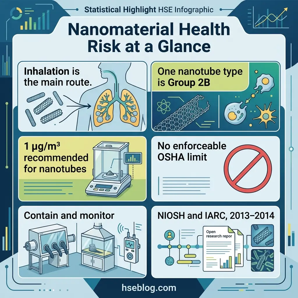 Infographic displaying nanomaterial health risks, showing inhalation as primary exposure route, Group 2B nanotube classification, recommended exposure limits, lack of OSHA regulation, containment procedures, and NIOSH research findings.