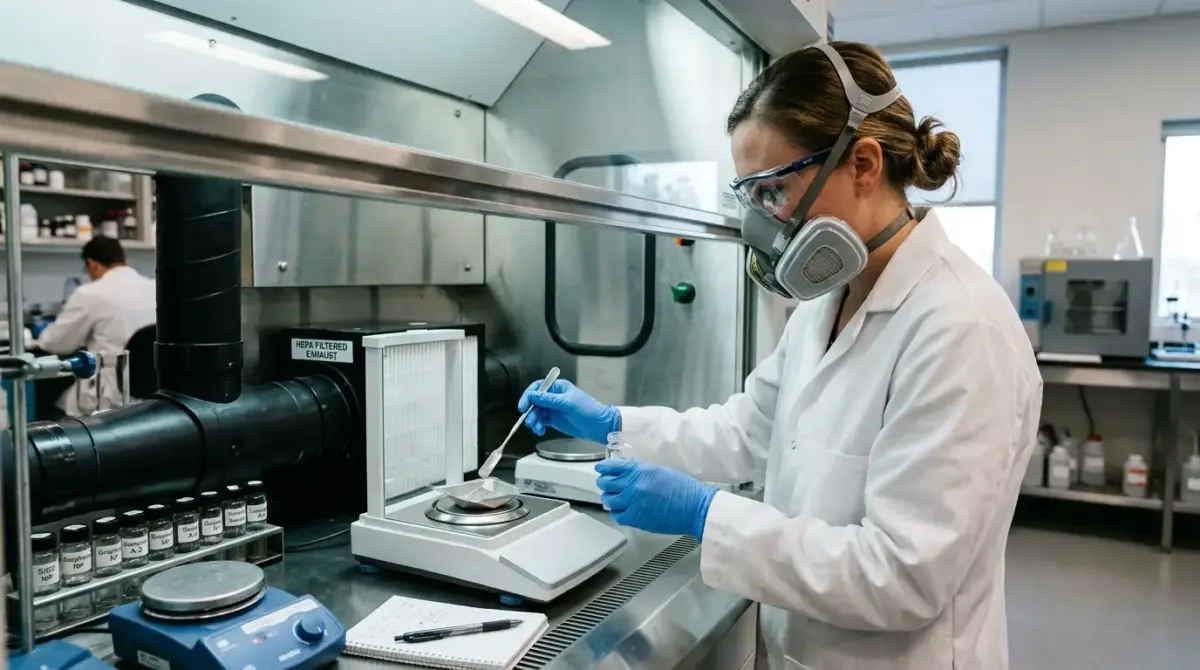 Scientist in protective equipment working in a biosafety cabinet, using a precision scale to measure samples in a modern laboratory with HEPA filtration system.