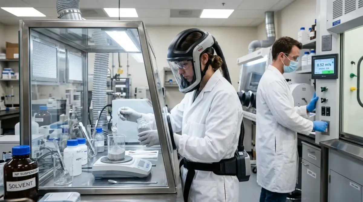 Scientists in protective gear work in a biosafety laboratory, with one researcher wearing a powered air-purifying respirator while handling samples in a fume hood.