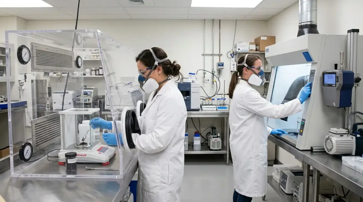 Two laboratory technicians wearing protective equipment work in a biosafety cabinet and at analytical instruments in a modern research laboratory setting.