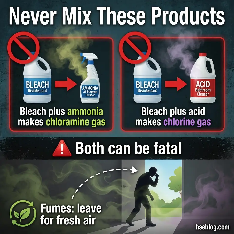 Warning infographic showing dangerous chemical combinations: bleach mixed with ammonia produces chloramine gas, bleach mixed with acid produces chlorine gas, both potentially fatal, with advice to leave the area for fresh air if exposed.