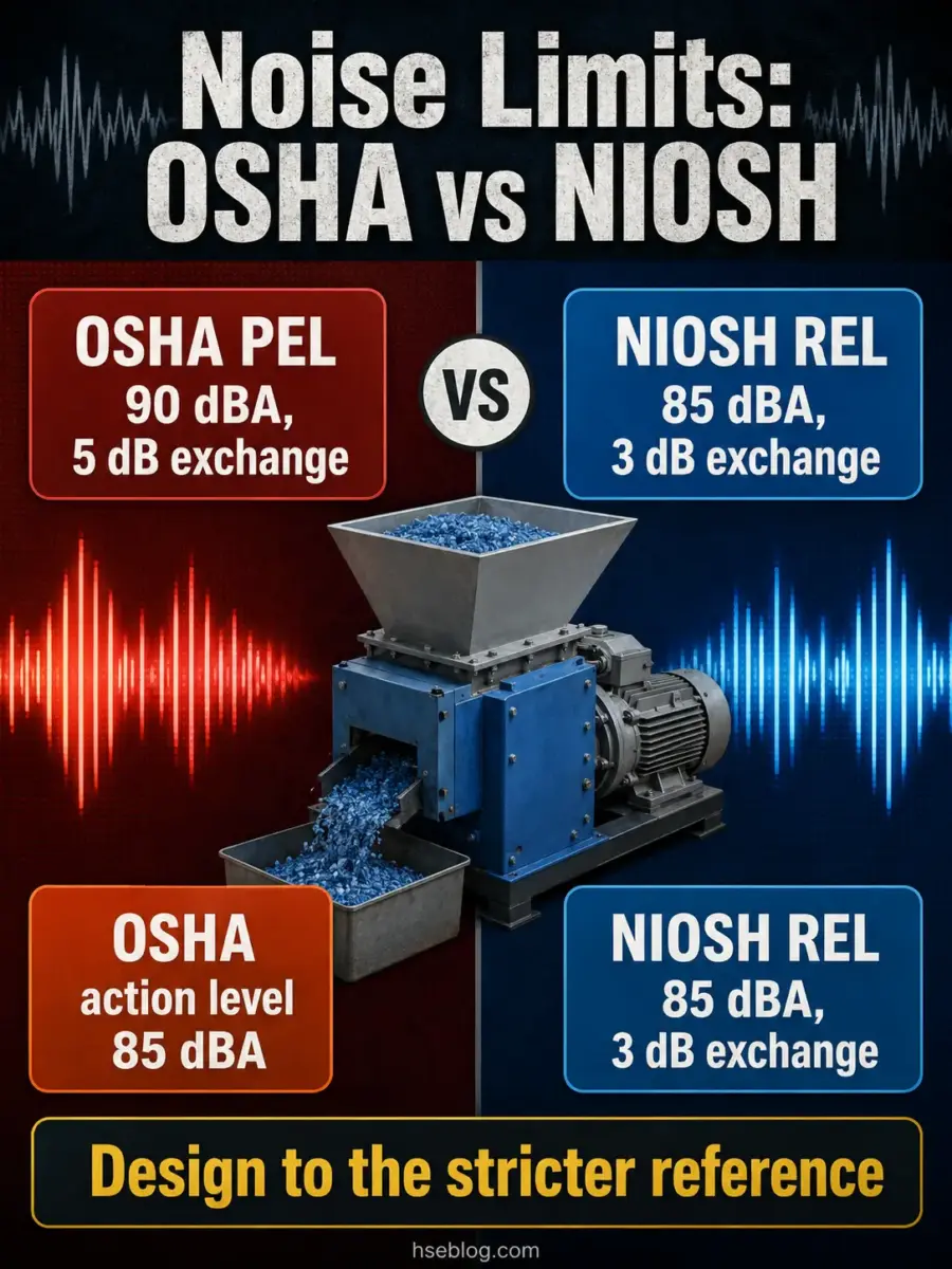 Comparison chart showing OSHA and NIOSH noise exposure limits, displaying a granulator machine with red and blue waveforms indicating sound levels and regulatory thresholds for workplace safety.