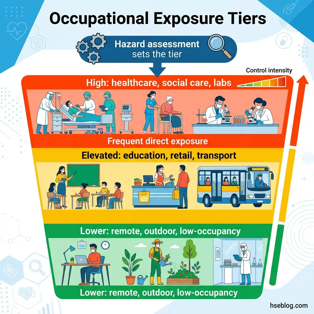 Pyramid chart showing occupational exposure tiers from high-risk healthcare and labs at top to lower-risk remote and outdoor work at bottom, with control intensity scale on right.