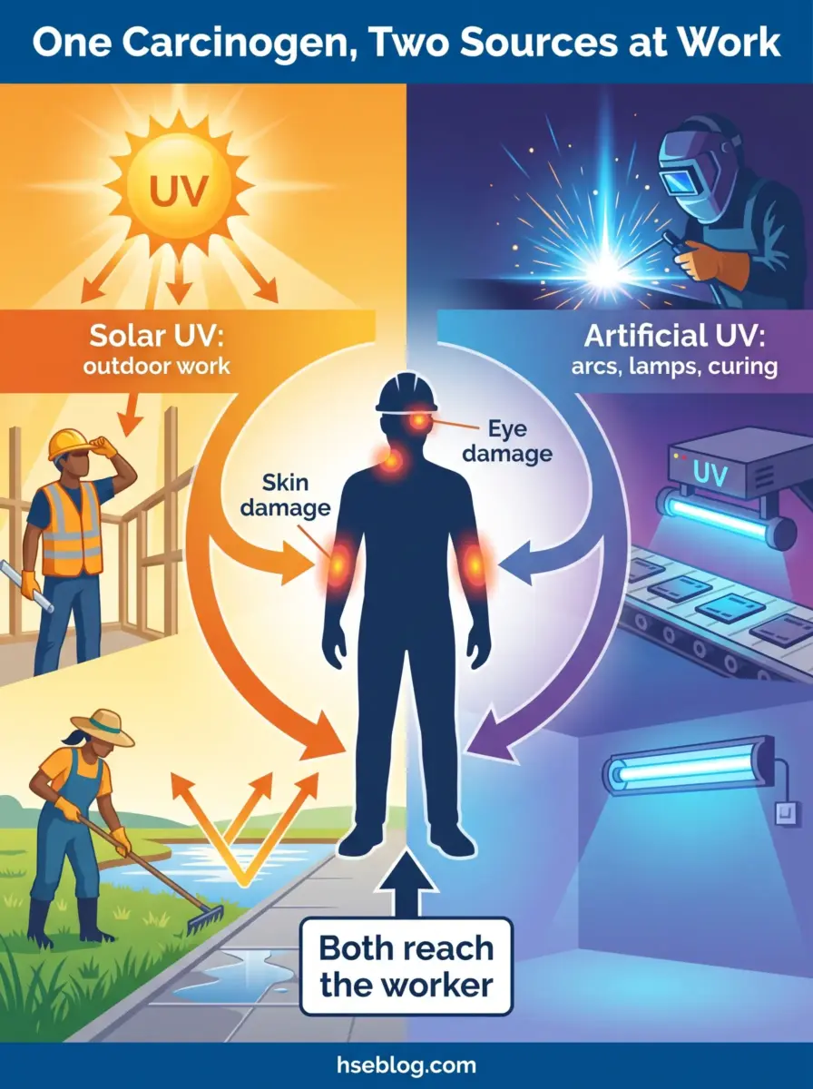 Infographic showing how UV radiation from both solar and artificial sources causes skin, eye, and other damage to workers in outdoor and industrial settings.