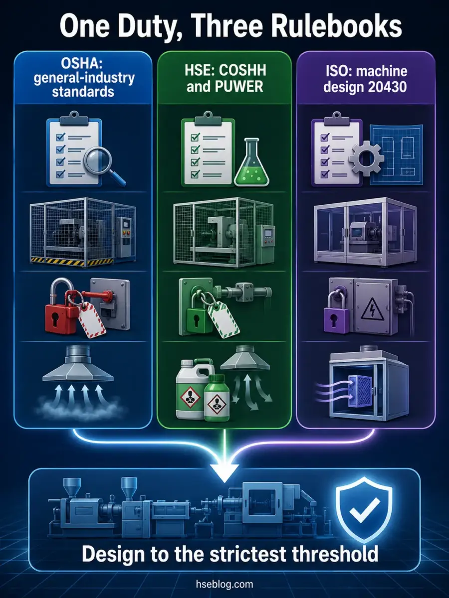 Infographic showing three safety rulebooks—OSHA general-industry standards, HSE COSHH and POWER, and ISO machine design 20430—each with icons representing their focus areas, all converging toward machine design meeting the strictest safety thresholds.
