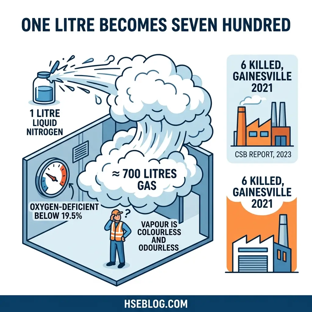 Infographic showing how one litre of liquid nitrogen expands to approximately 700 litres of gas in an oxygen-deficient environment, with a worker illustration and reference to a 2021 Gainesville incident from a CSB report.