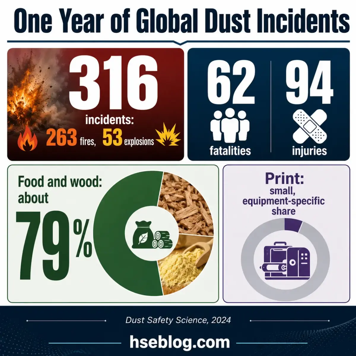 Infographic showing one year of global dust incidents with 316 total incidents including 263 fires and 53 explosions, resulting in 62 fatalities and 94 injuries, with 79% from food and wood sources.