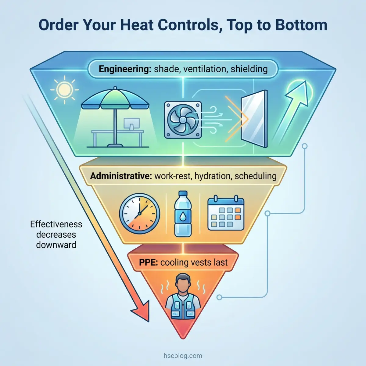 Inverted pyramid diagram showing heat control hierarchy from most to least effective: engineering controls at top with shade and ventilation, administrative controls in middle with work-rest and hydration, and personal protective equipment at bottom, with effectiveness decreasing downward.