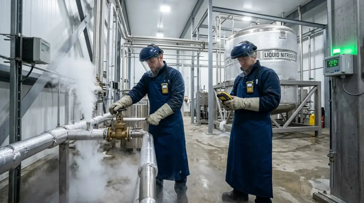 Two workers in protective gear operate equipment at a liquid nitrogen storage facility, with visible vapor rising from pipes and a large storage tank labeled in the background.