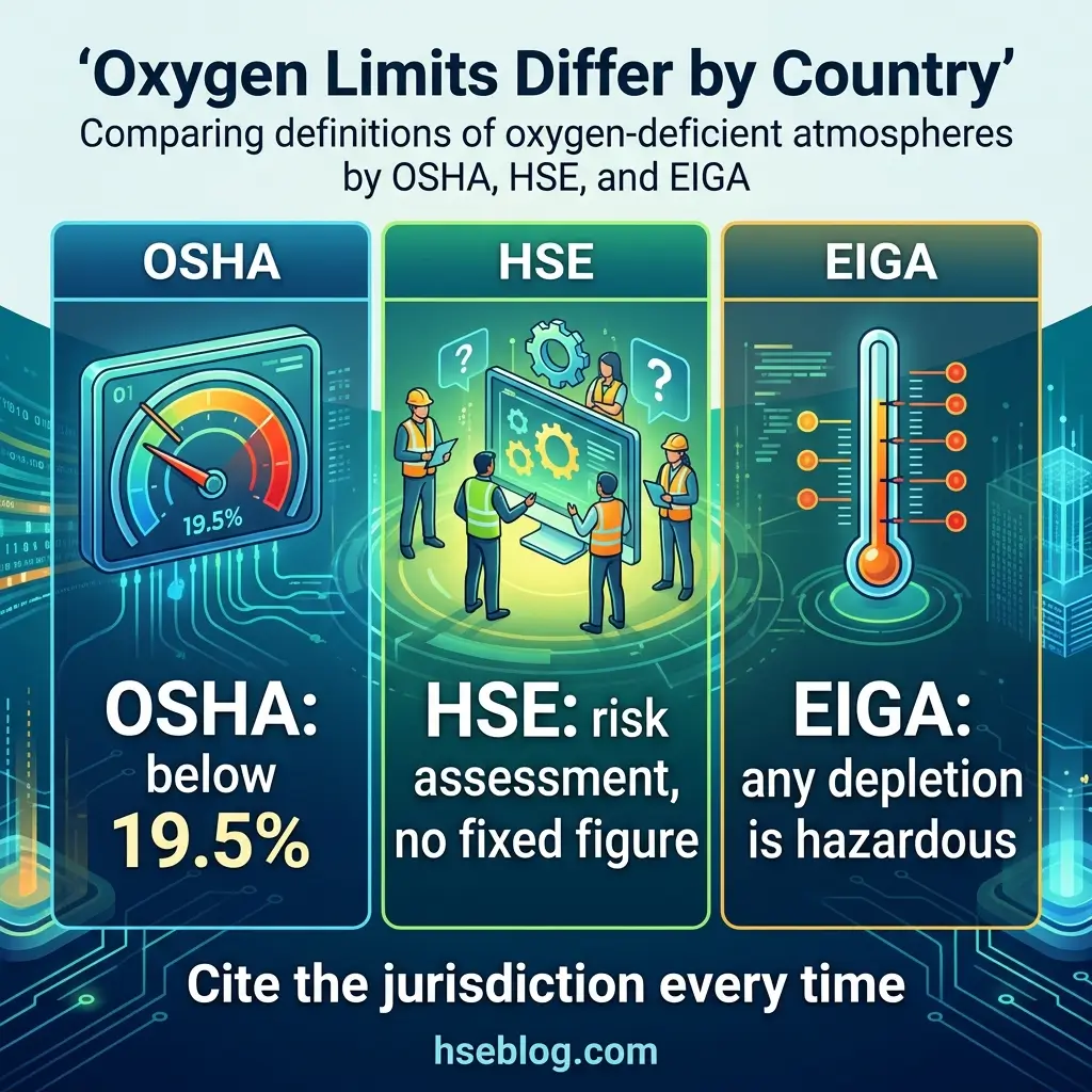 Infographic comparing oxygen-deficient atmosphere definitions across OSHA (19.5%), HSE (risk assessment-based), and EIGA (any depletion) regulatory standards with workplace safety icons.