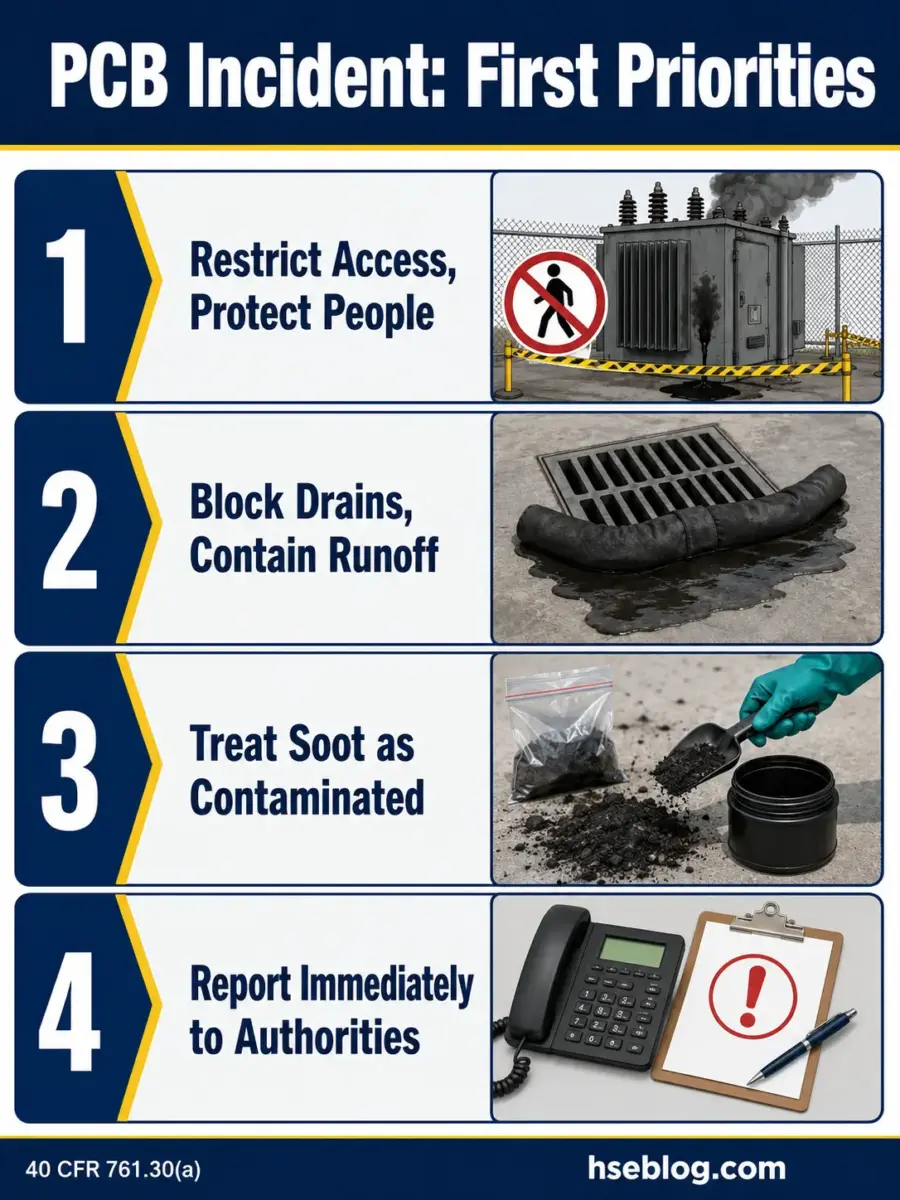 Four-step infographic showing immediate priorities for PCB incidents: restrict access, block drains to contain runoff, treat soot as contaminated material, and report to authorities.
