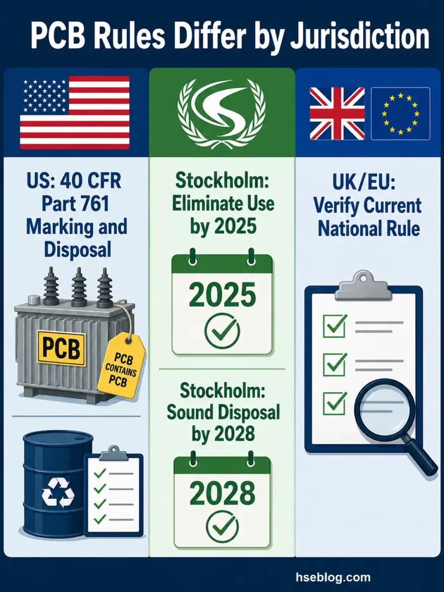 Infographic comparing PCB regulations across three jurisdictions: US 40 CFR Part 761 requiring marking and disposal, Stockholm Convention targeting elimination by 2025 and sound disposal by 2028, and UK/EU rules emphasizing verification of current national regulations.