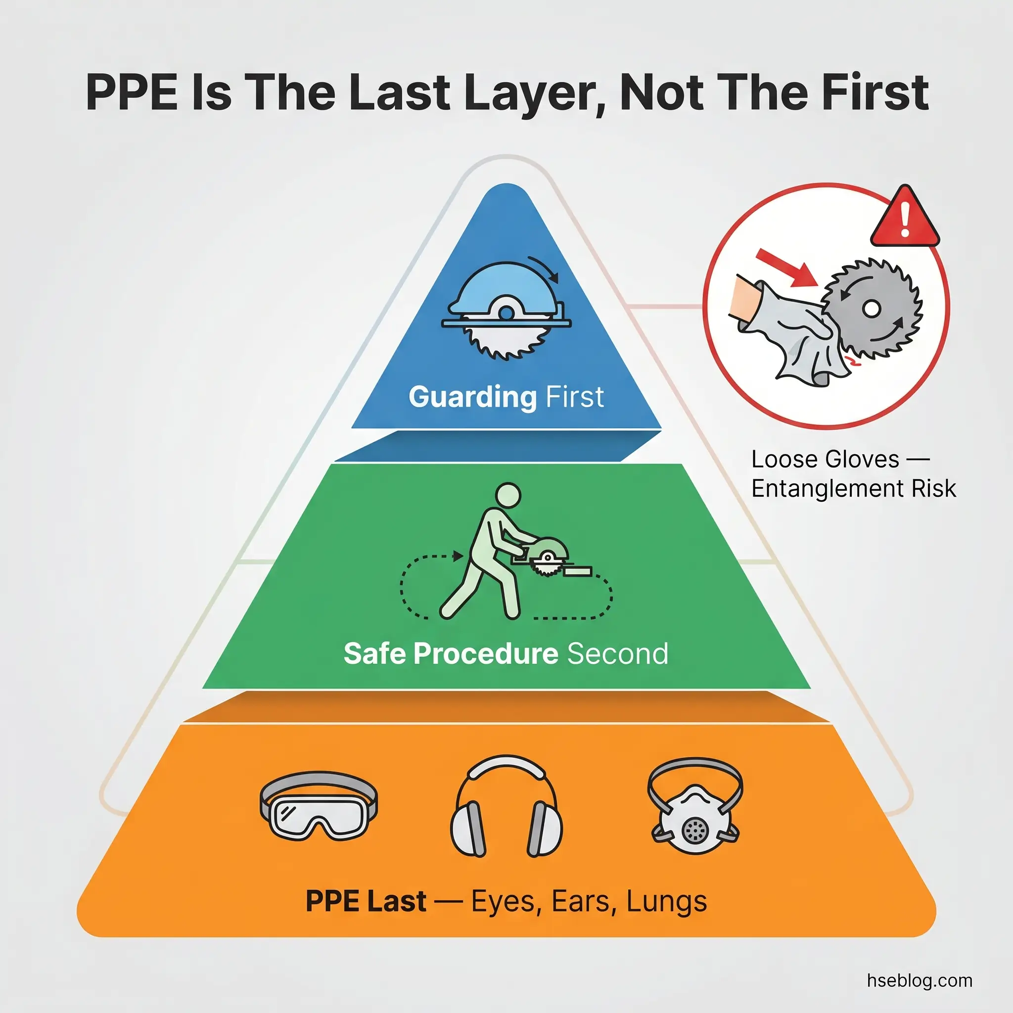 Pyramid diagram showing the hierarchy of workplace safety measures, from guarding first at the top, safe procedures second in the middle, and personal protective equipment last at the bottom, with icons illustrating each level.