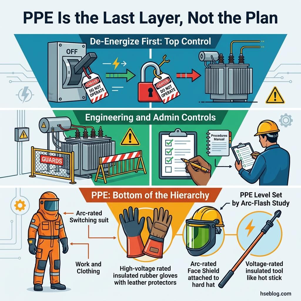 Hierarchical diagram showing electrical safety controls from de-energizing equipment at top, through engineering and administrative controls in middle, to personal protective equipment as the final layer at bottom.