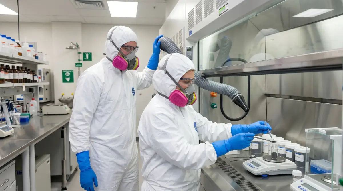 Two scientists in full protective equipment work inside a biosafety cabinet, handling samples and conducting laboratory analysis in a controlled research environment.