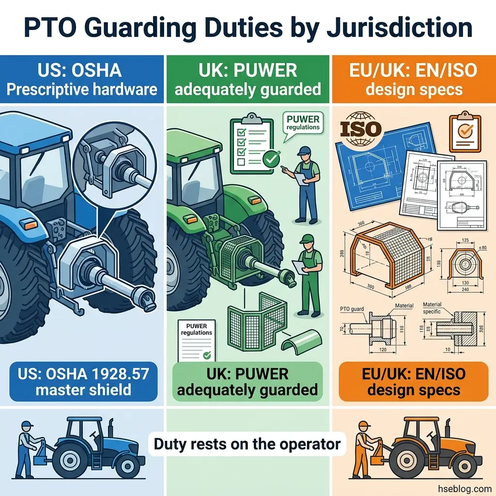 Comparison chart showing PTO guarding requirements across three jurisdictions: US OSHA prescriptive hardware standards, UK POWER regulations emphasizing adequate guarding, and EU/UK EN/ISO design specifications with technical drawings and dimensions.