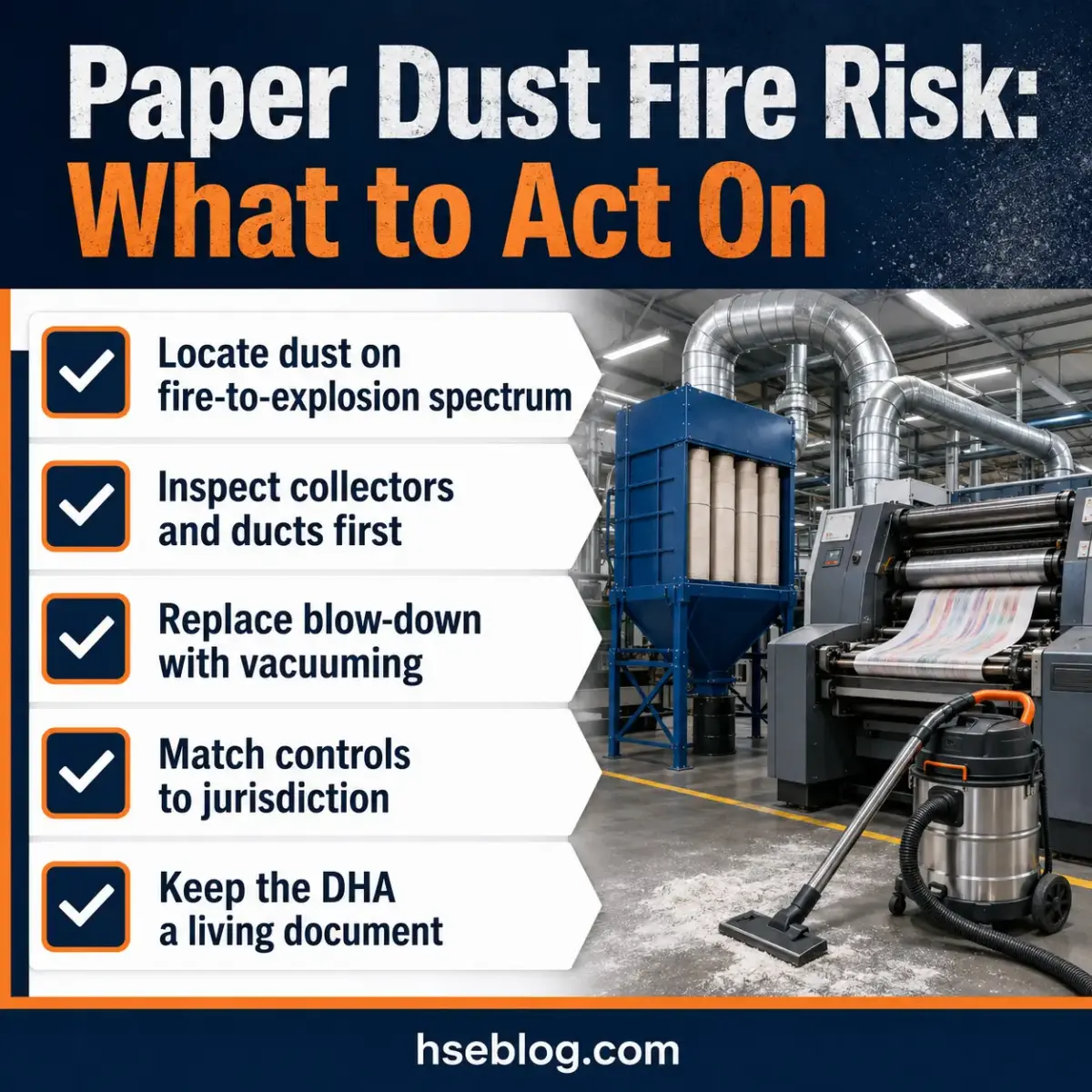 Infographic showing five action steps to manage paper dust fire risk in industrial settings, displayed over an image of printing machinery and dust collection equipment in a factory.