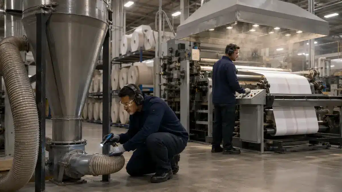Industrial manufacturing facility with workers operating large textile or paper processing machinery, including metal tanks and a white roll-fed machine under overhead ventilation.