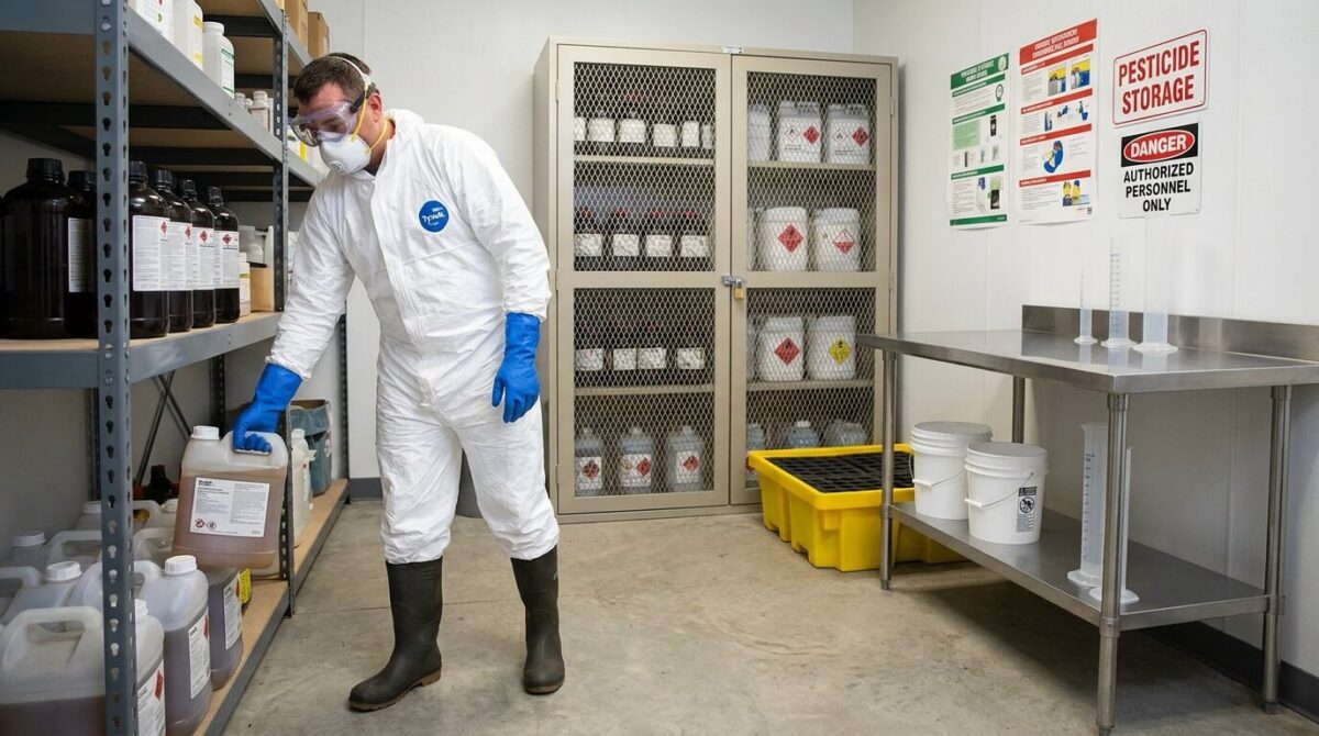 A worker in full protective equipment including white coveralls, goggles, mask, and blue gloves handles hazardous chemicals in a pesticide storage facility with labeled cabinets and warning signs on the walls.