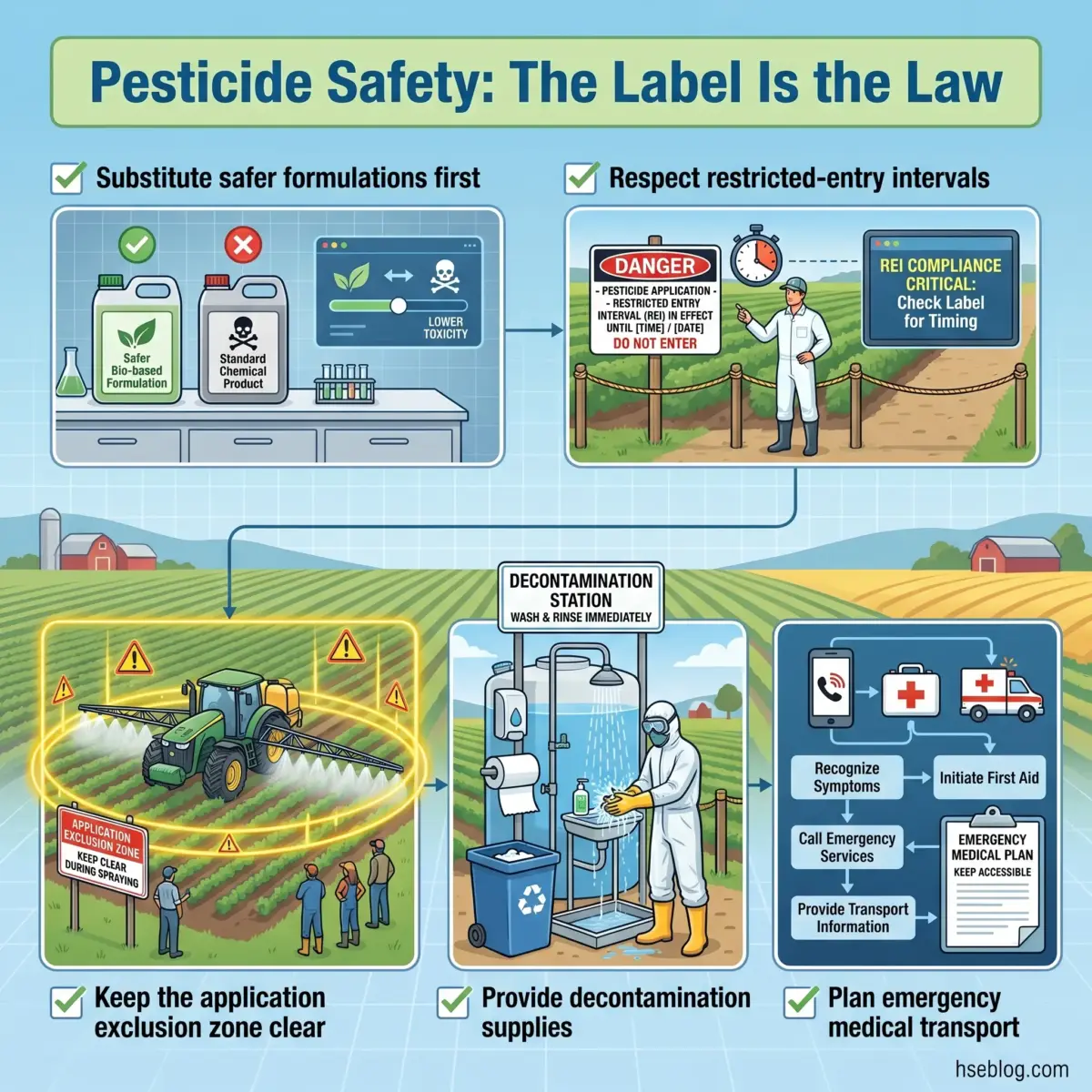 Infographic showing six key pesticide safety practices: choosing safer formulations, respecting restricted-entry intervals, maintaining application exclusion zones, providing decontamination stations, and planning emergency medical response procedures.
