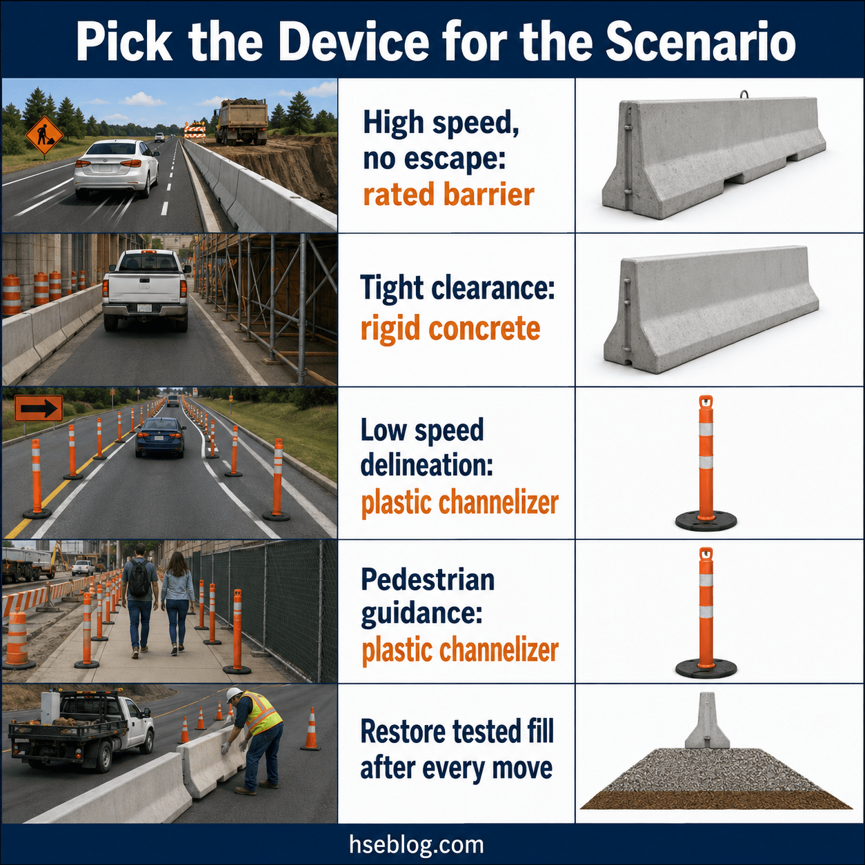 Infographic matching construction and traffic control devices to scenarios: concrete barriers for high-speed areas, rigid concrete for tight clearances, plastic channelizers for low-speed delineation and pedestrian guidance, and gravel fill restoration, each illustrated with example photos and product images.