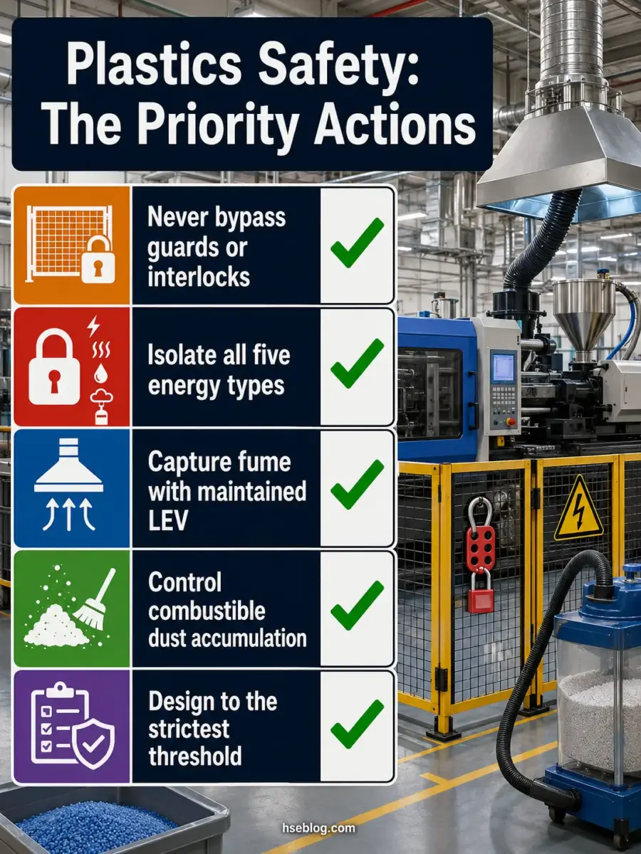 Infographic showing five priority safety actions for plastics manufacturing, displayed in a factory setting with injection molding equipment and safety equipment visible in the background.