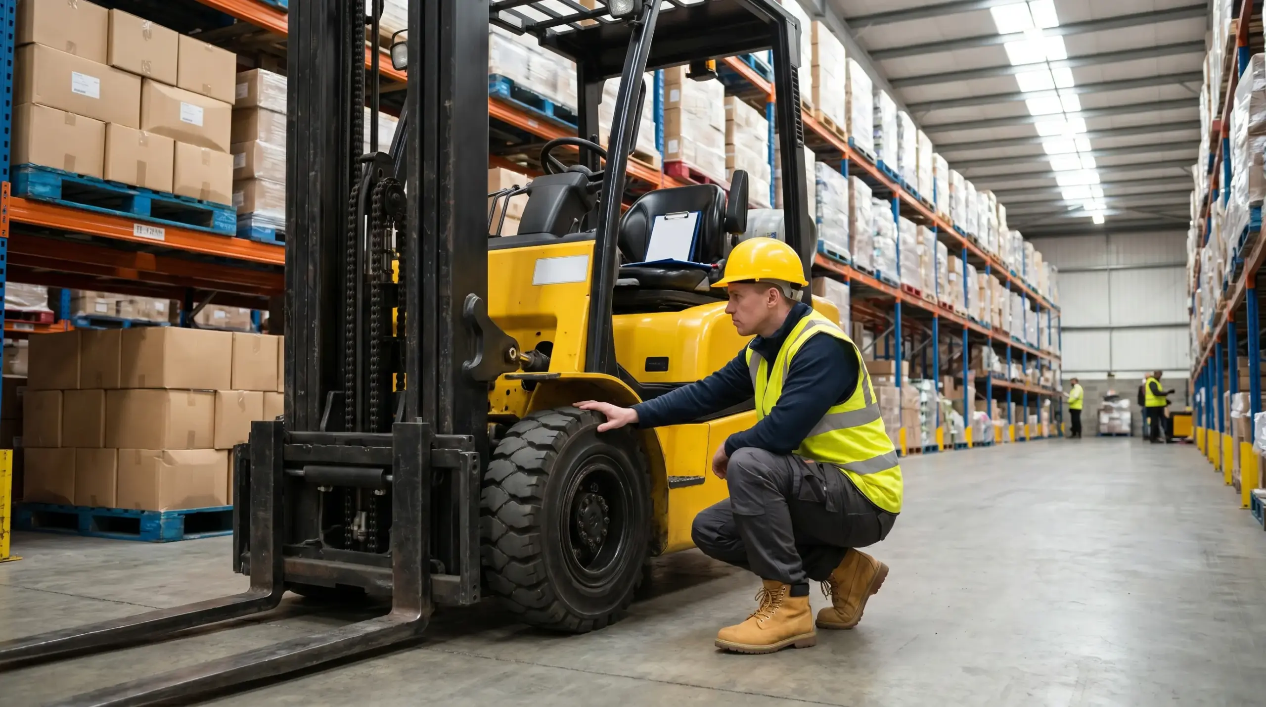 Warehouse worker in safety gear inspecting a yellow forklift in a large storage facility lined with cardboard boxes on metal shelving racks.