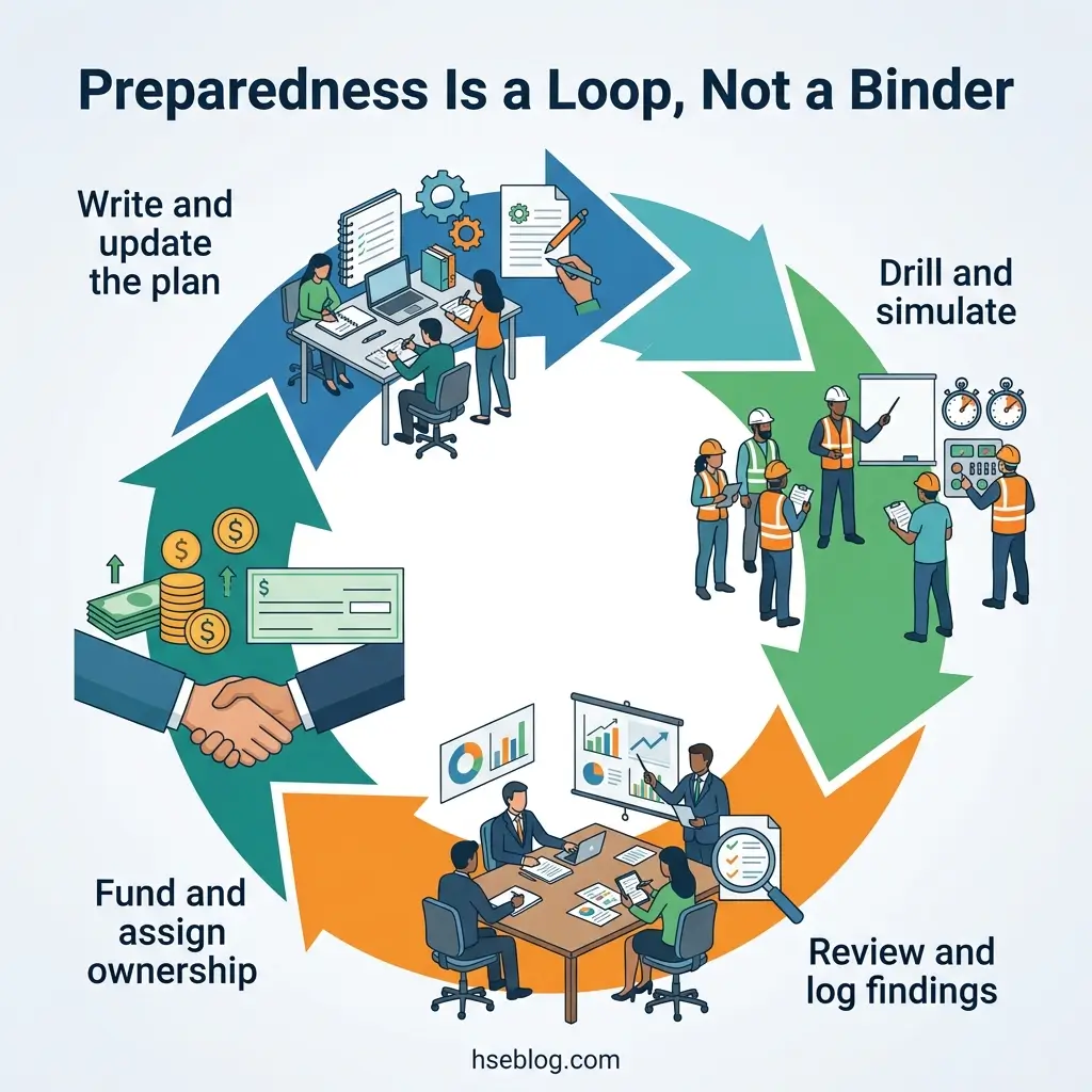 Circular diagram showing five interconnected steps of preparedness: writing and updating plans, drilling and simulating exercises, reviewing findings, funding and assigning ownership, with arrows connecting each phase in a continuous loop.
