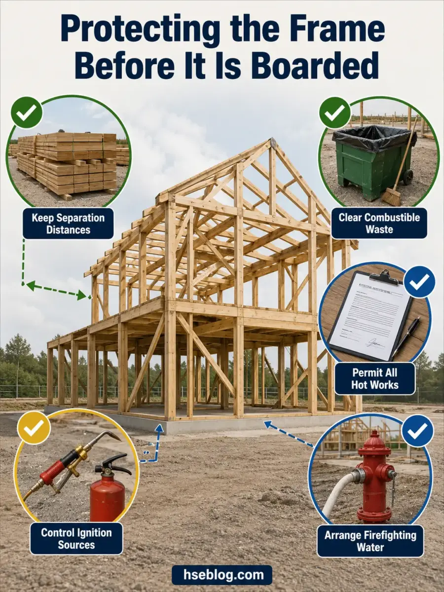 Infographic showing five fire safety measures for protecting wooden building frames before construction, including separation distances, waste removal, permits, ignition control, and firefighting water access.