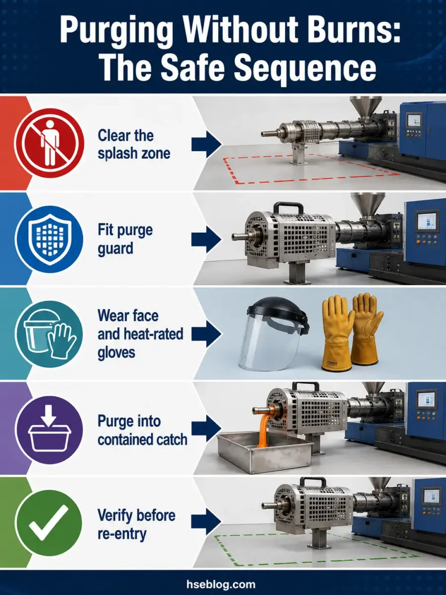Infographic showing five sequential safety steps for purging injection molding equipment without burns, including clearing the splash zone, fitting a purge guard, wearing protective gear, directing material into a catch container, and verifying the area before resuming operations.