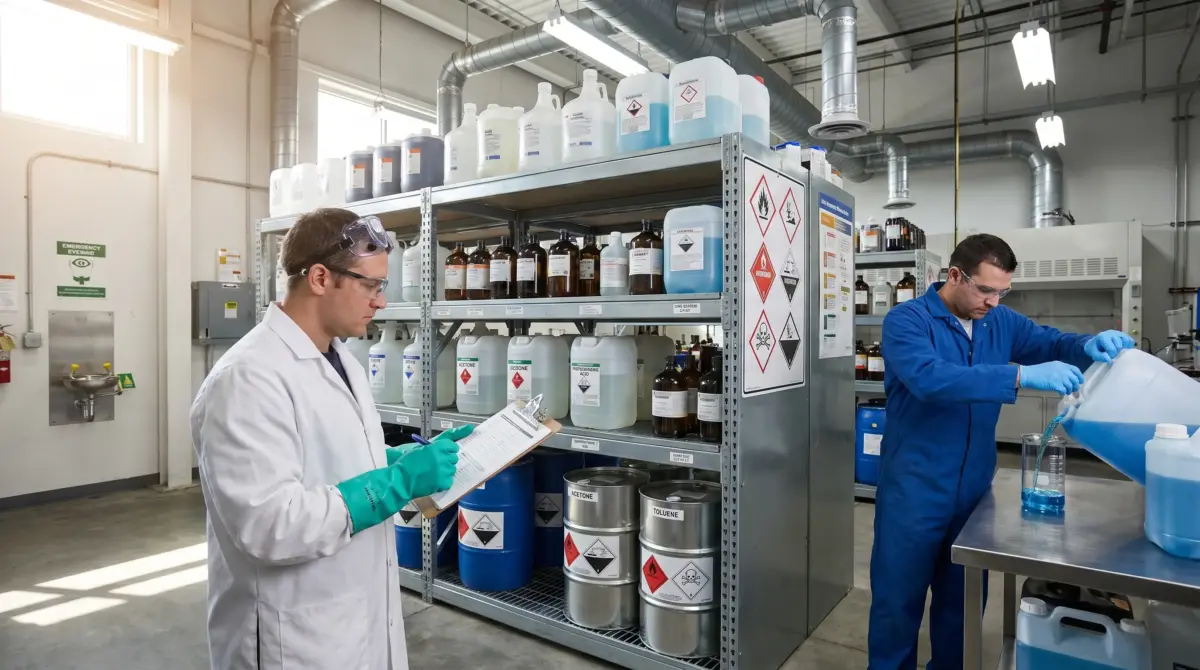 Two laboratory technicians in safety gear work in a chemical storage facility, with one checking inventory on a clipboard while the other handles hazardous materials from shelves containing labeled bottles and containers.