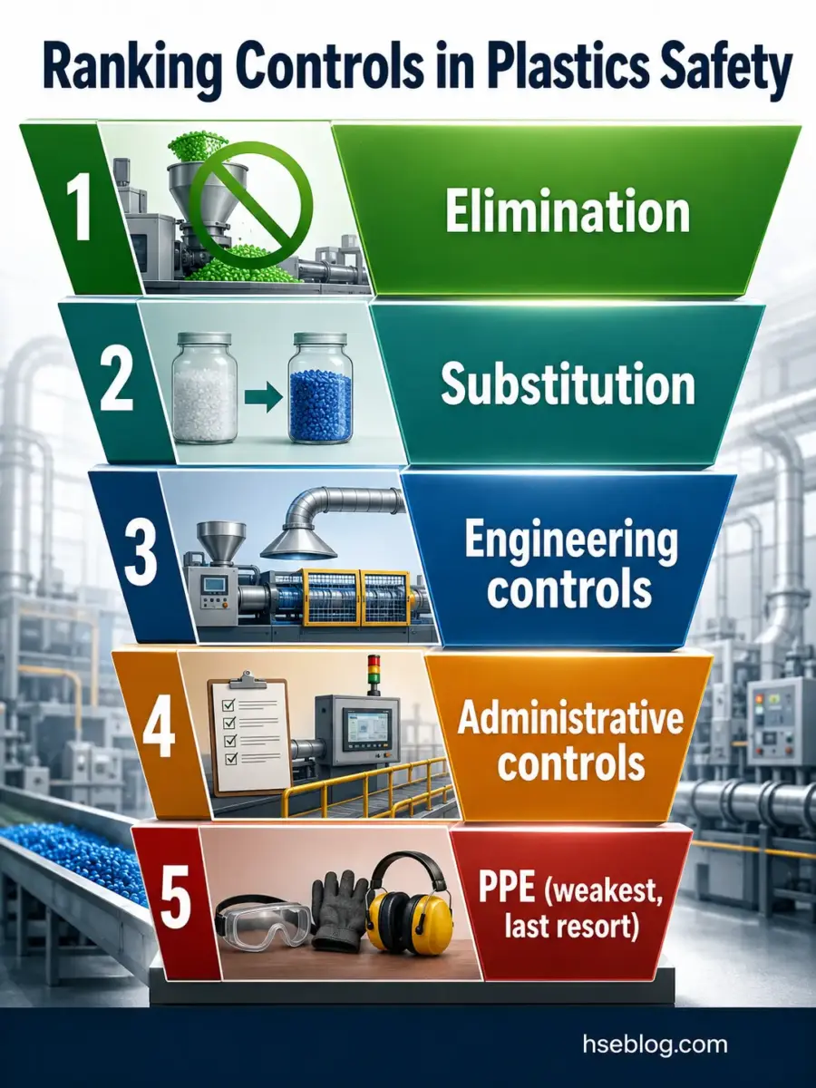 Hierarchical pyramid chart ranking safety controls in plastics manufacturing from elimination at top to PPE at bottom, showing industrial facility background.