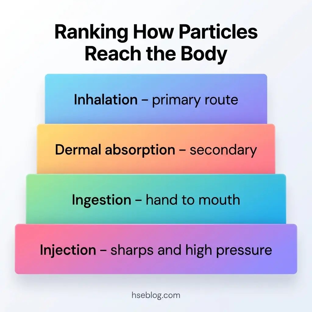 A ranking chart showing four routes for particle exposure to the human body, from most to least dangerous: inhalation as primary route, dermal absorption as secondary, ingestion through hand-to-mouth contact, and injection via sharps and high pressure.