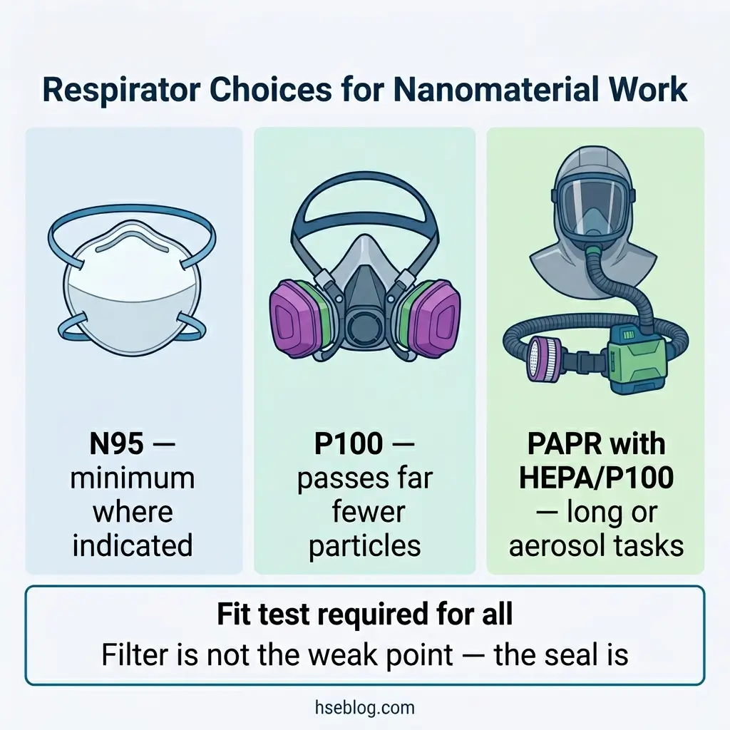 Infographic showing three respirator types for nanomaterial work: N95 mask for minimum protection, P100 half-mask with cartridges for better particle filtration, and PAPR with helmet for long aerosol tasks, with note that fit testing is required for all.