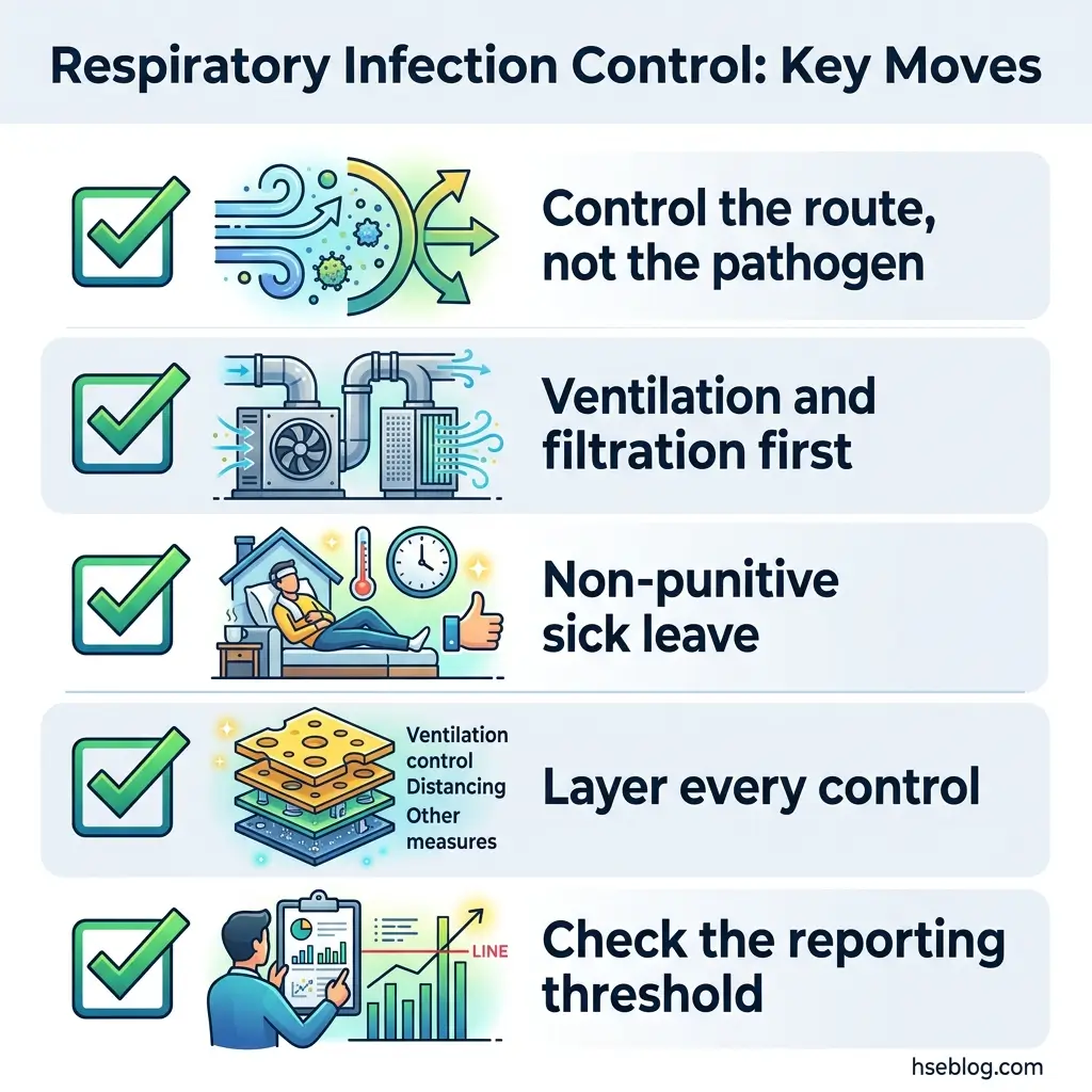 Five key strategies for respiratory infection control displayed with icons and checkmarks: controlling transmission routes, using ventilation and filtration, providing non-punitive sick leave, layering multiple controls, and monitoring reporting thresholds.
