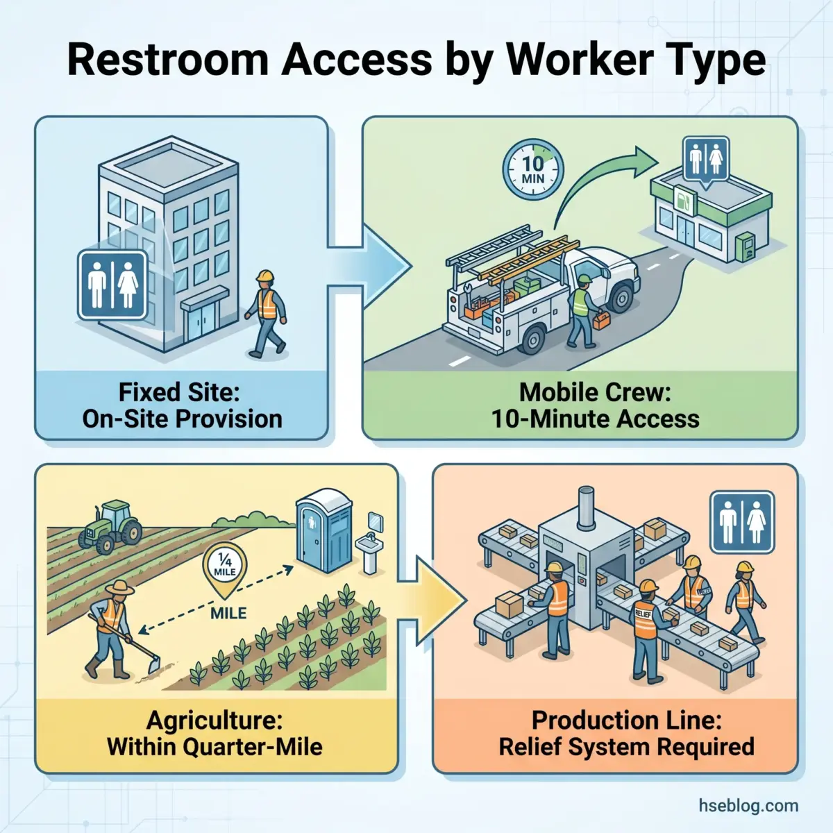 Infographic showing restroom access requirements for four worker types: fixed site on-site facilities, mobile crews needing 10-minute access, agriculture workers within quarter-mile, and production line workers requiring relief systems.